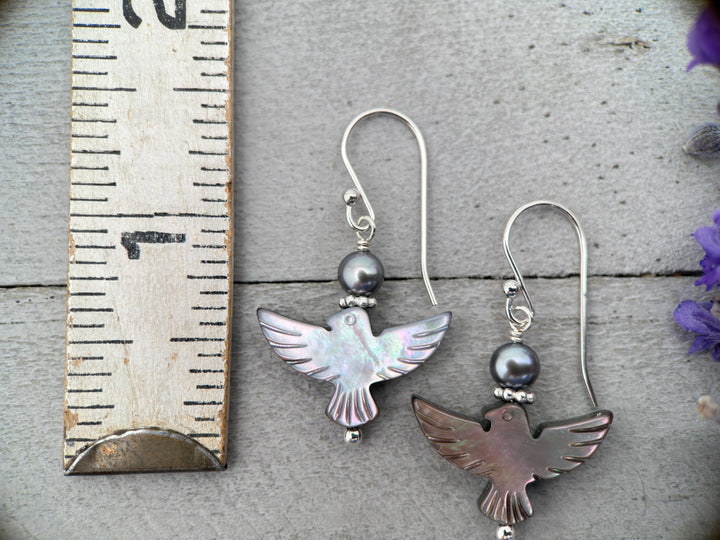 Black Mother of Pearl Thunder Bird, Pearl and Sterling Silver Earrings - Black Lipped Oyster Shell Jewelry - Native Thunderbird Symbol - SunlightSilver