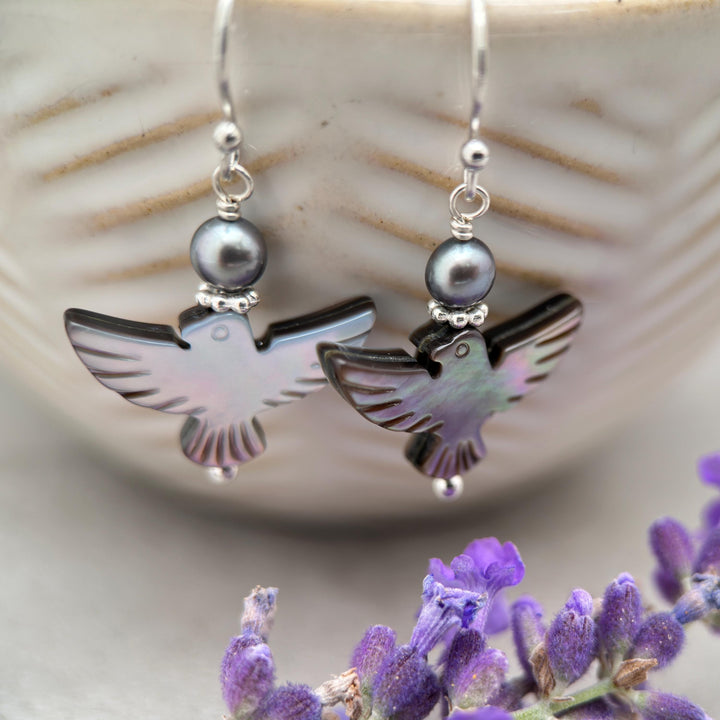 Black Mother of Pearl Thunder Bird, Pearl and Sterling Silver Earrings - Black Lipped Oyster Shell Jewelry - Native Thunderbird Symbol - SunlightSilver