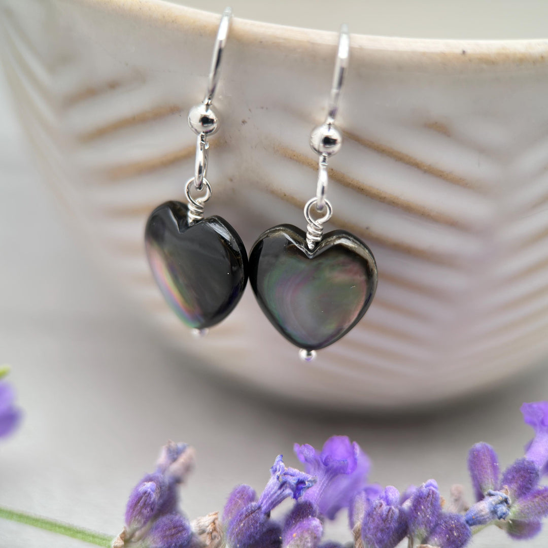 Black Lip Oyster Shell Heart Earrings | Sterling Silver Mother of Pearl Jewelry | Love, Friendship Symbol - SunlightSilver