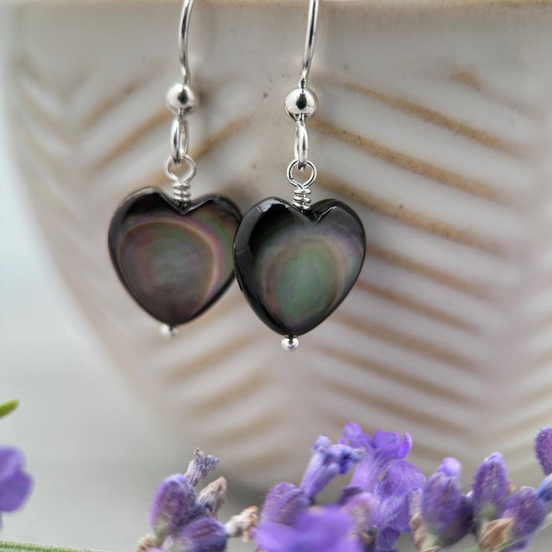 Black Lip Oyster Shell Heart Earrings | Sterling Silver Mother of Pearl Jewelry | Love, Friendship Symbol - SunlightSilver