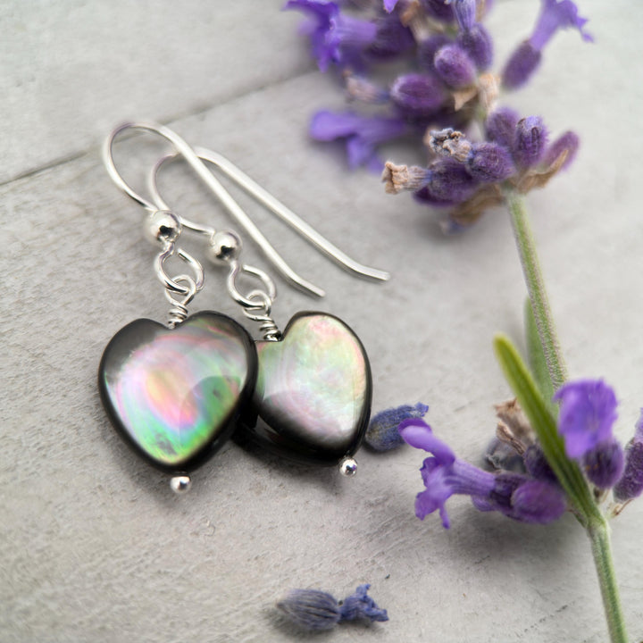 Black Lip Oyster Shell Heart Earrings | Sterling Silver Mother of Pearl Jewelry | Love, Friendship Symbol - SunlightSilver