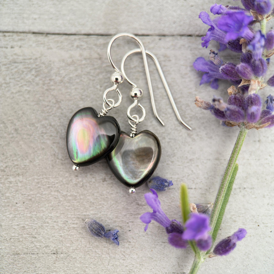 Black Lip Oyster Shell Heart Earrings | Sterling Silver Mother of Pearl Jewelry | Love, Friendship Symbol - SunlightSilver