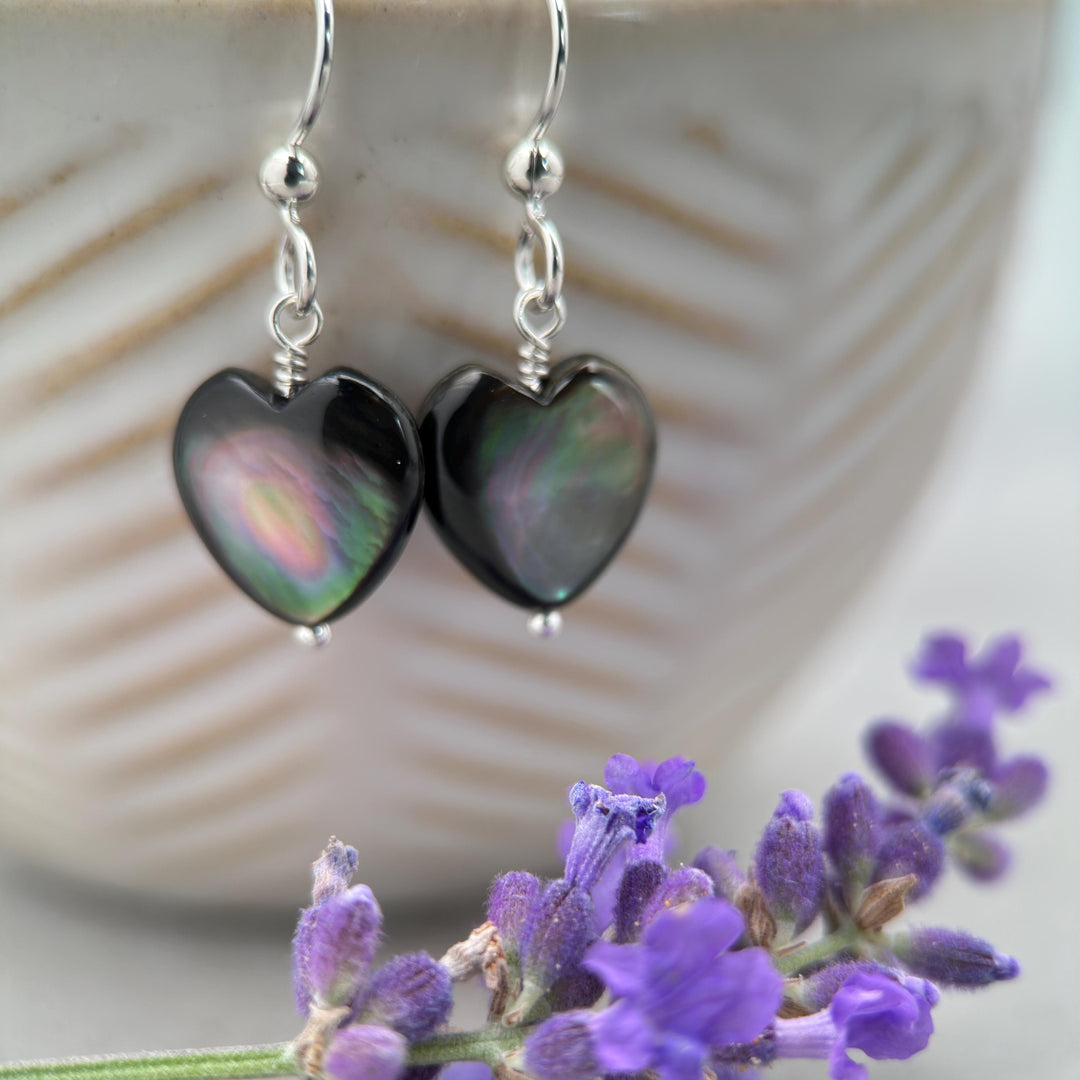 Black Lip Oyster Shell Heart Earrings | Sterling Silver Mother of Pearl Jewelry | Love, Friendship Symbol - SunlightSilver
