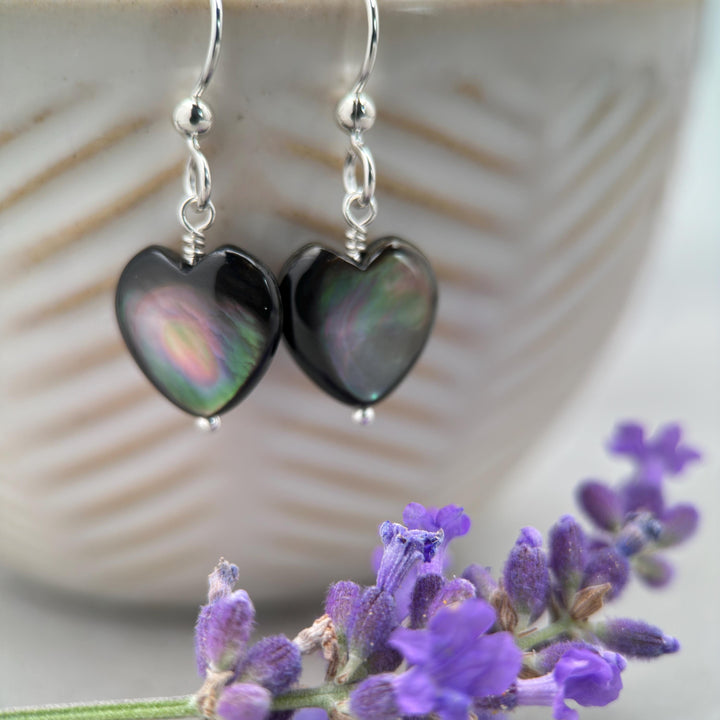 Black Lip Oyster Shell Heart Earrings | Sterling Silver Mother of Pearl Jewelry | Love, Friendship Symbol - SunlightSilver