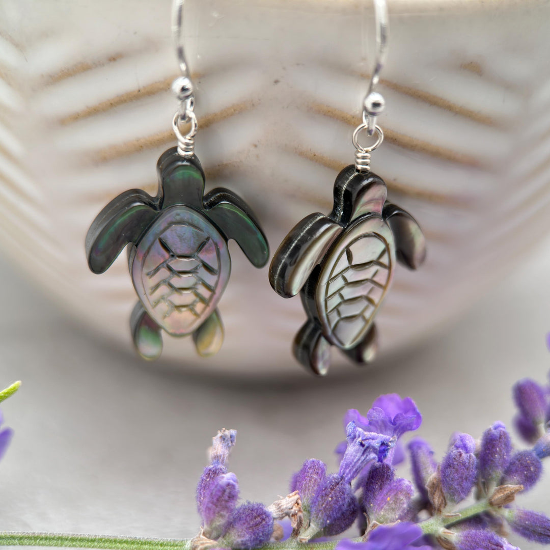 Black Mother of Pearl Sea Turtle and Sterling Silver Earrings - Black Lipped Oyster Shell Tortuga Jewelry - SunlightSilver