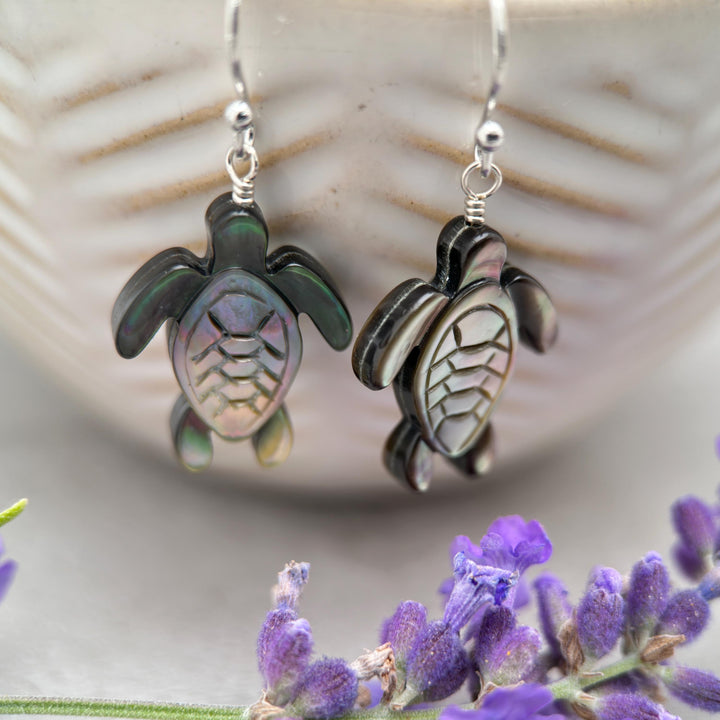 Black Mother of Pearl Sea Turtle and Sterling Silver Earrings - Black Lipped Oyster Shell Tortuga Jewelry - SunlightSilver