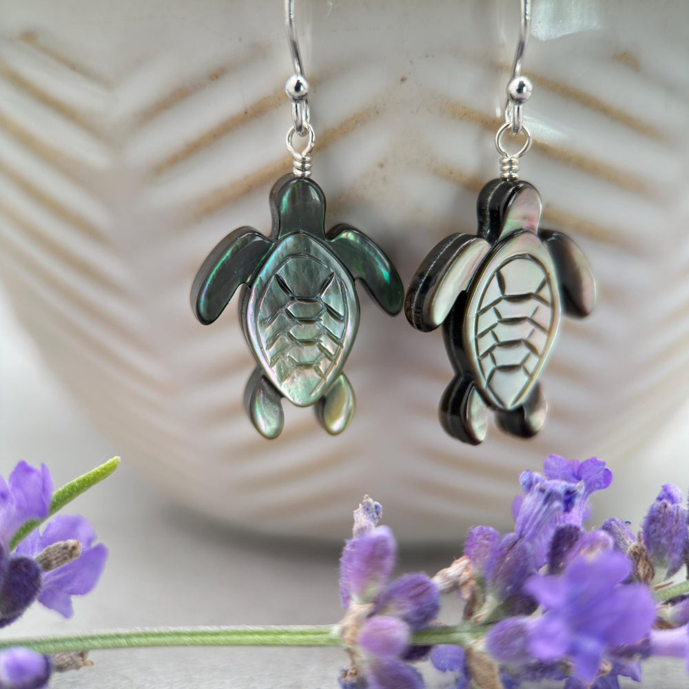 Black Mother of Pearl Sea Turtle and Sterling Silver Earrings - Black Lipped Oyster Shell Tortuga Jewelry - SunlightSilver