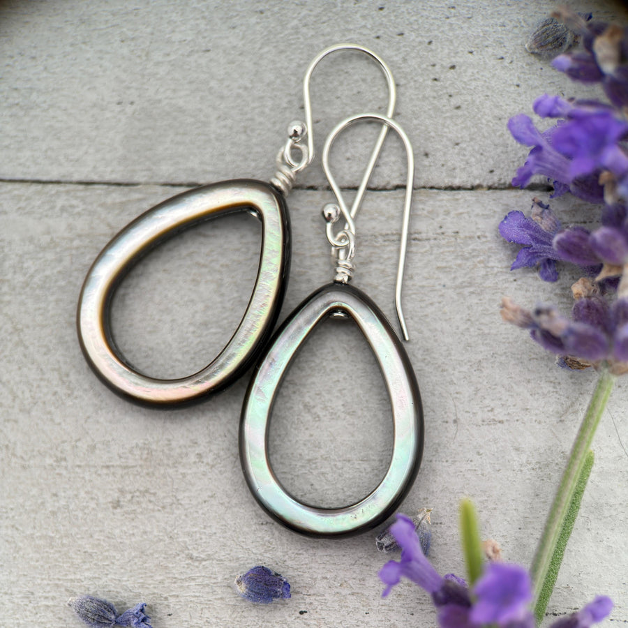 Black Mother of Pearl Teardrop Earrings – Elegant Sterling Silver Shell Drop Jewelry - Black Lip Oyster Shell Hoop Earrings - SunlightSilver