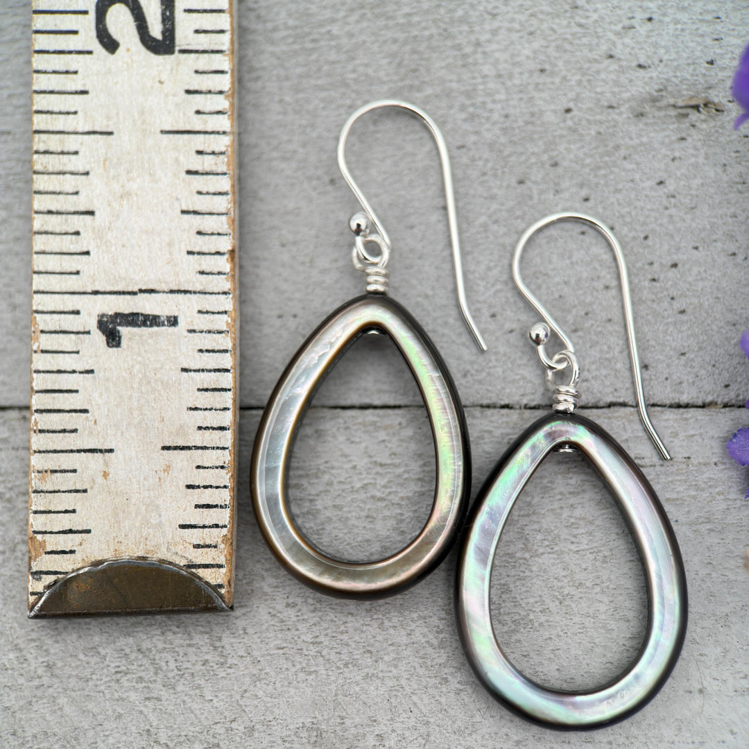 Black Mother of Pearl Teardrop Earrings – Elegant Sterling Silver Shell Drop Jewelry - Black Lip Oyster Shell Hoop Earrings - SunlightSilver