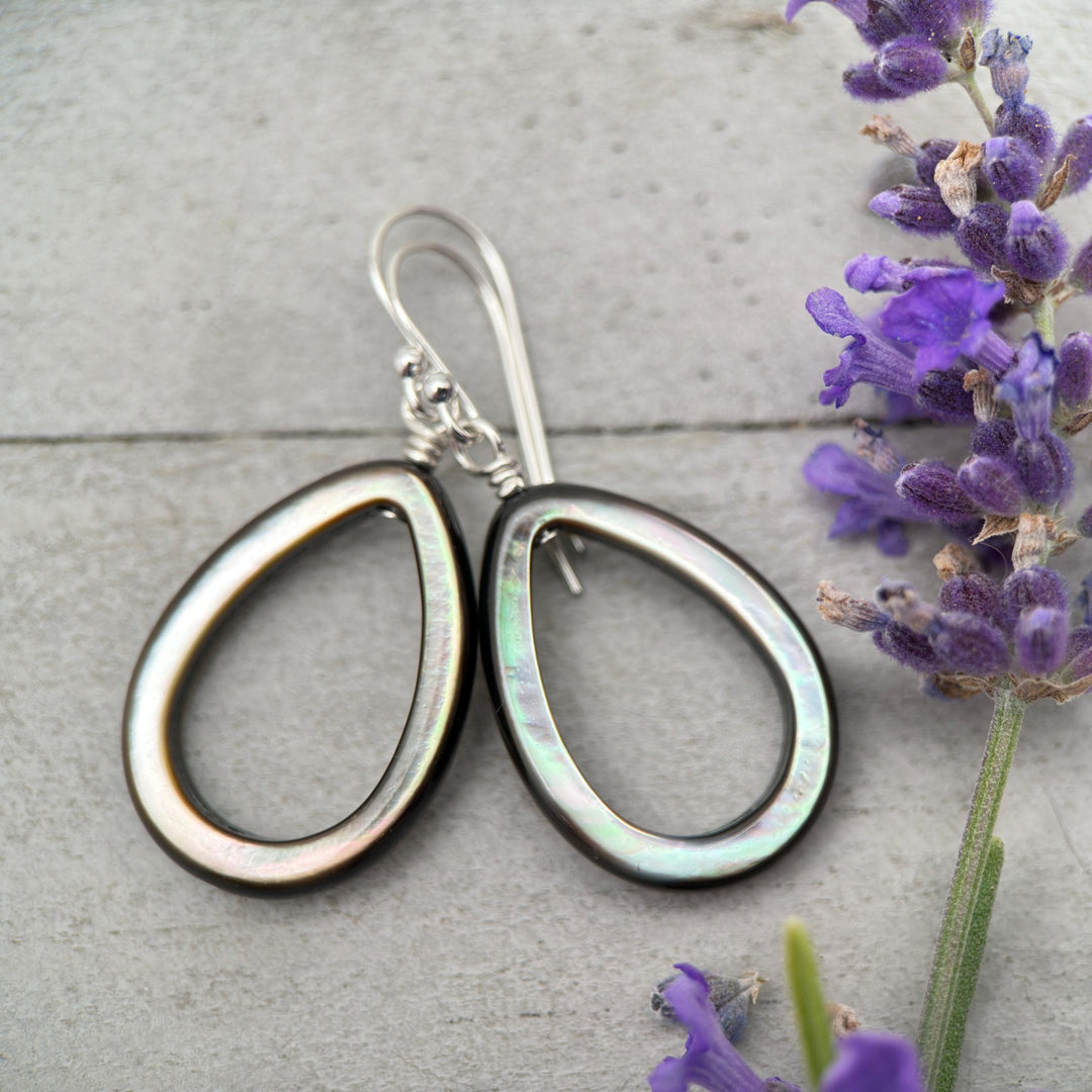 Black Mother of Pearl Teardrop Earrings – Elegant Sterling Silver Shell Drop Jewelry - Black Lip Oyster Shell Hoop Earrings - SunlightSilver