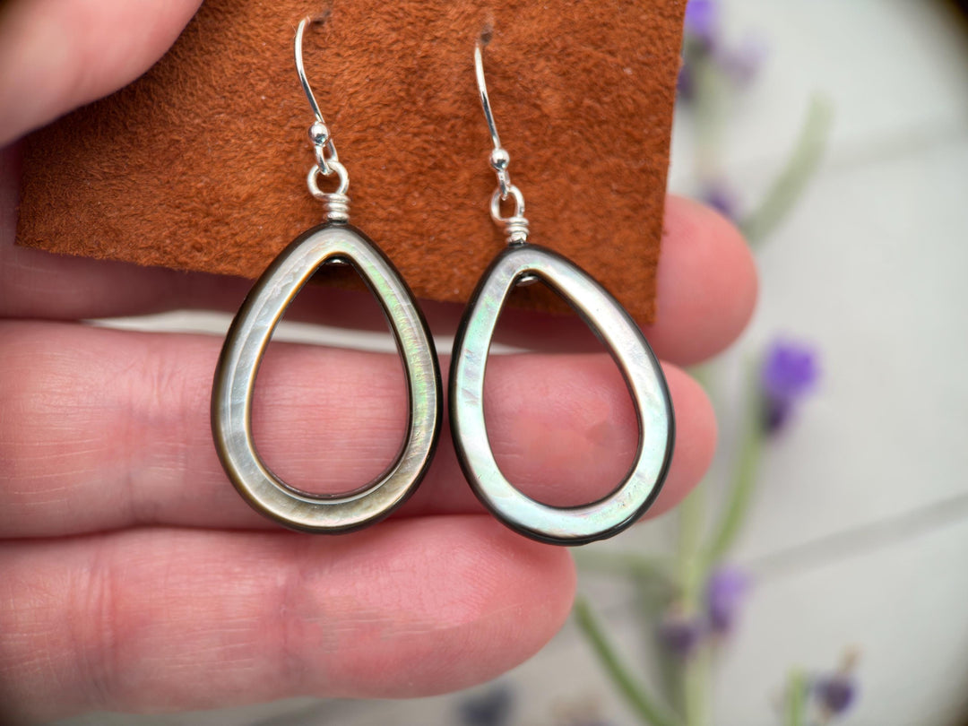 Black Mother of Pearl Teardrop Earrings – Elegant Sterling Silver Shell Drop Jewelry - Black Lip Oyster Shell Hoop Earrings - SunlightSilver