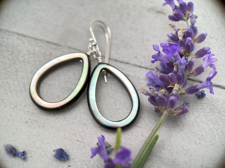 Black Mother of Pearl Teardrop Earrings – Elegant Sterling Silver Shell Drop Jewelry - Black Lip Oyster Shell Hoop Earrings - SunlightSilver