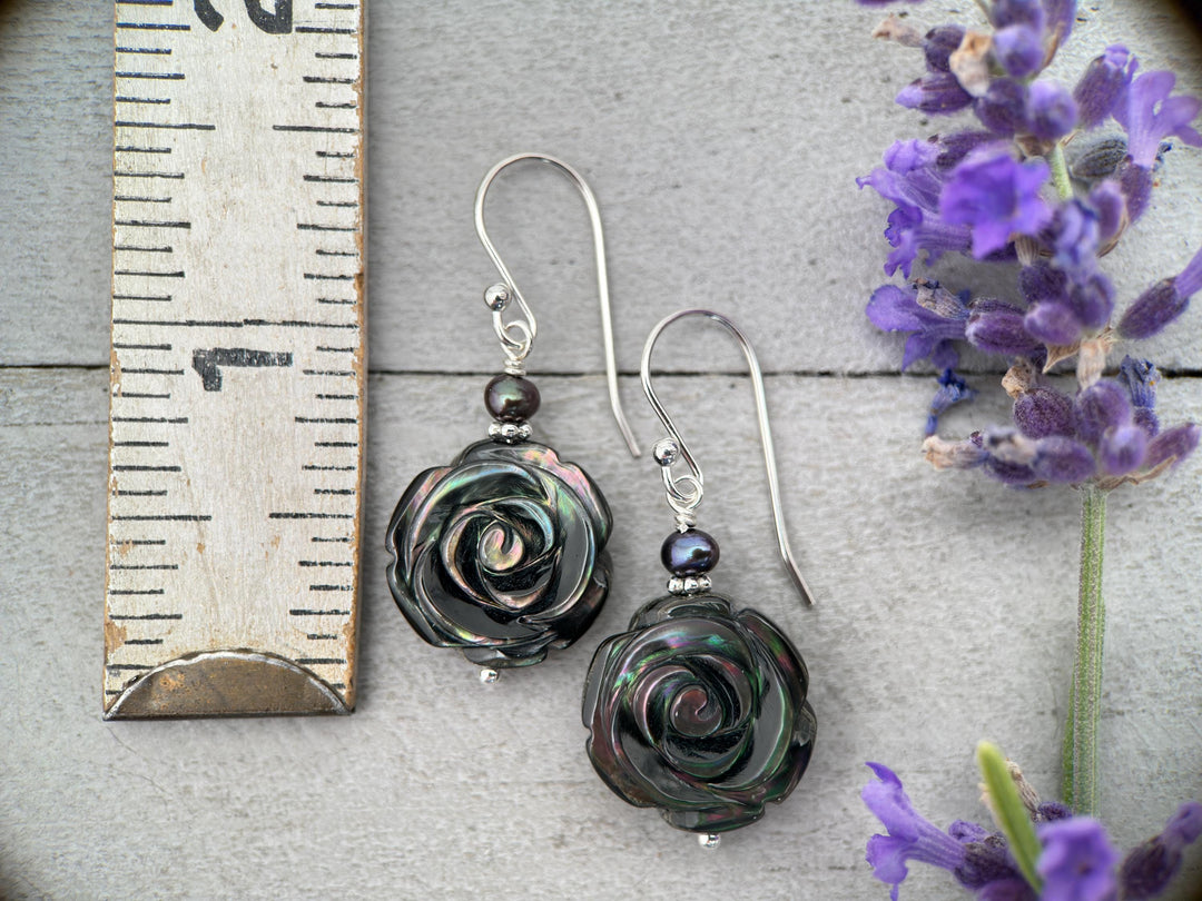 Black Lip Oyster Shell Rose Flower and Sterling Silver Earrings - SunlightSilver