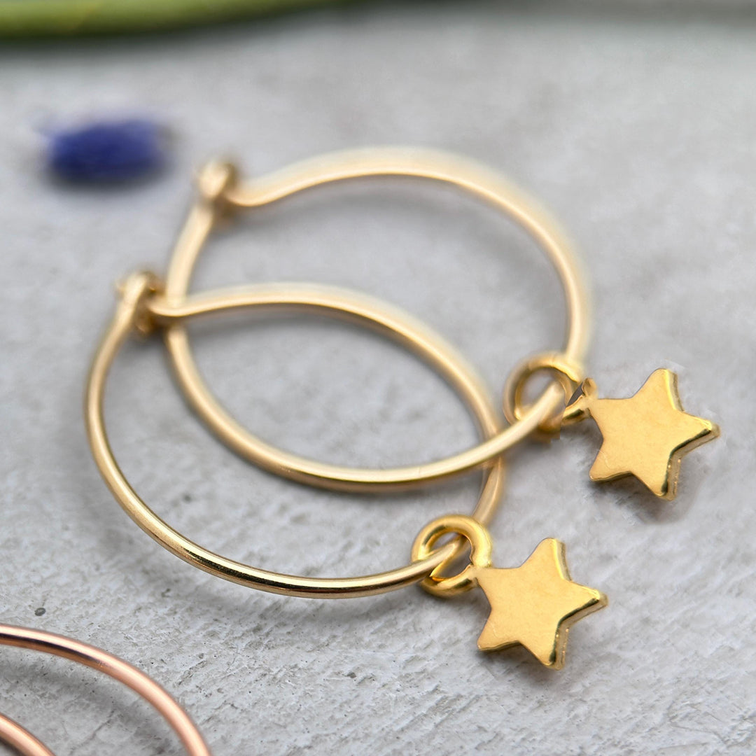 Star Charm Hoop Earrings Available in Solid 925 Sterling Silver, 14k Yellow or Rose Gold Fill - SunlightSilver
