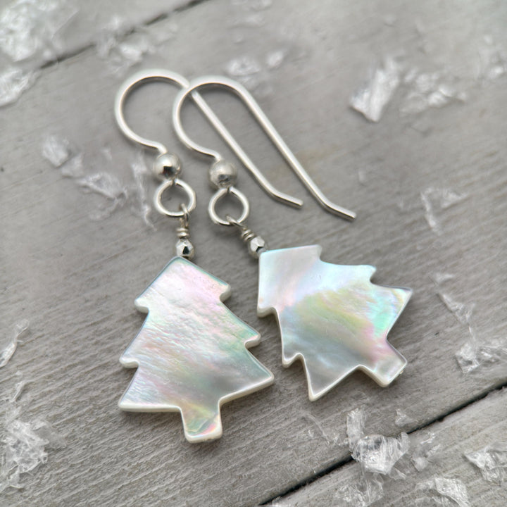Snowy White Mother of Pearl Christmas Tree Earrings | Festive Holiday Winter Earrings Gift | Sterling Silver or Gold Filled - SunlightSilver