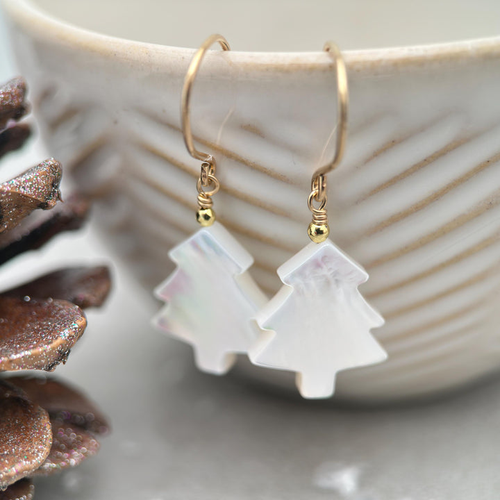 Snowy White Mother of Pearl Christmas Tree Earrings | Festive Holiday Winter Earrings Gift | Sterling Silver or Gold Filled - SunlightSilver