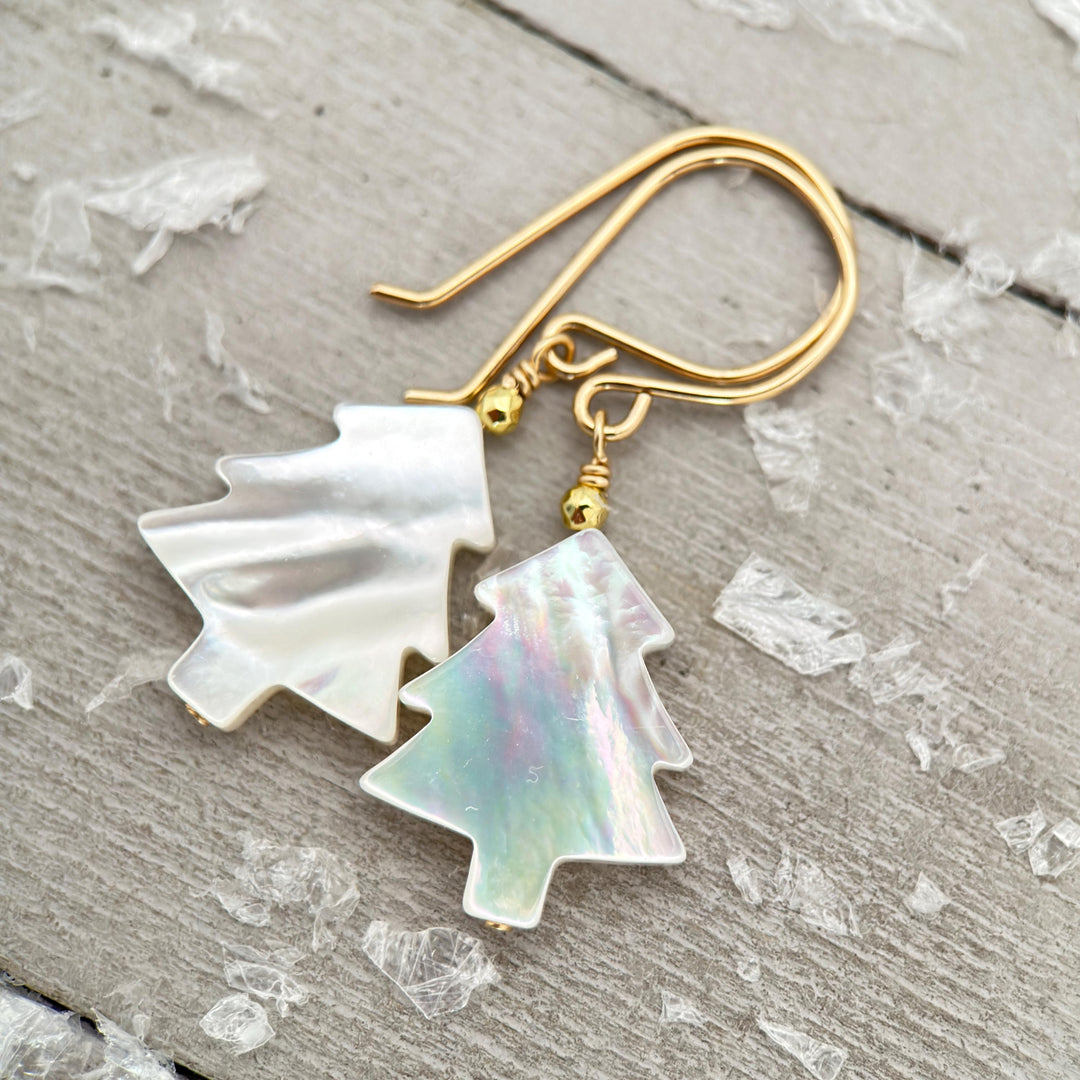 Snowy White Mother of Pearl Christmas Tree Earrings | Festive Holiday Winter Earrings Gift | Sterling Silver or Gold Filled - SunlightSilver