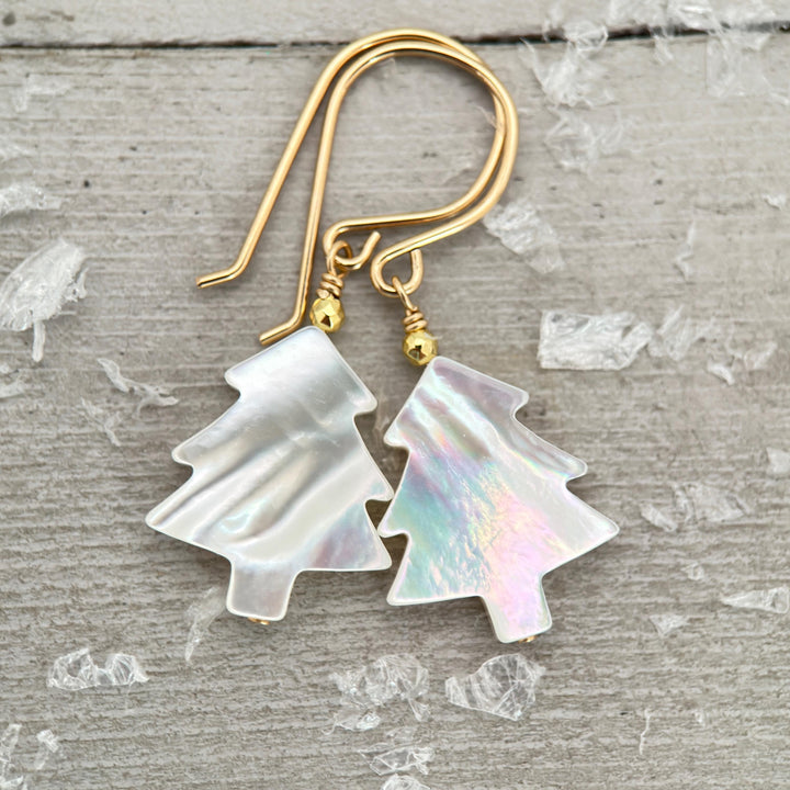 Snowy White Mother of Pearl Christmas Tree Earrings | Festive Holiday Winter Earrings Gift | Sterling Silver or Gold Filled - SunlightSilver