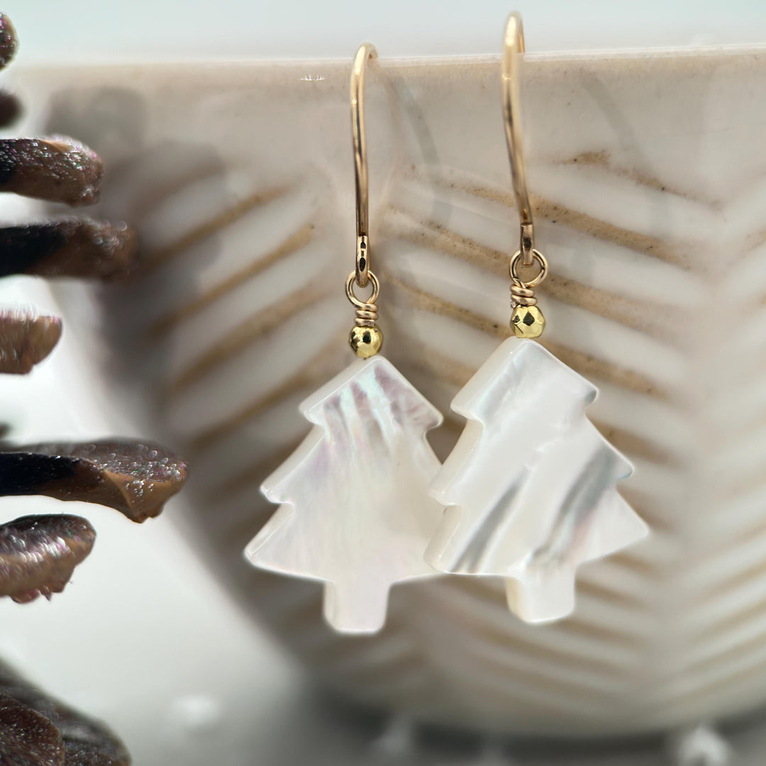 Snowy White Mother of Pearl Christmas Tree Earrings | Festive Holiday Winter Earrings Gift | Sterling Silver or Gold Filled - SunlightSilver