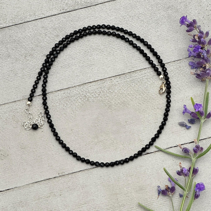 Black Onyx Beaded Necklace – 3mm Faceted Gemstone with Sterling Silver Clasp - SunlightSilver
