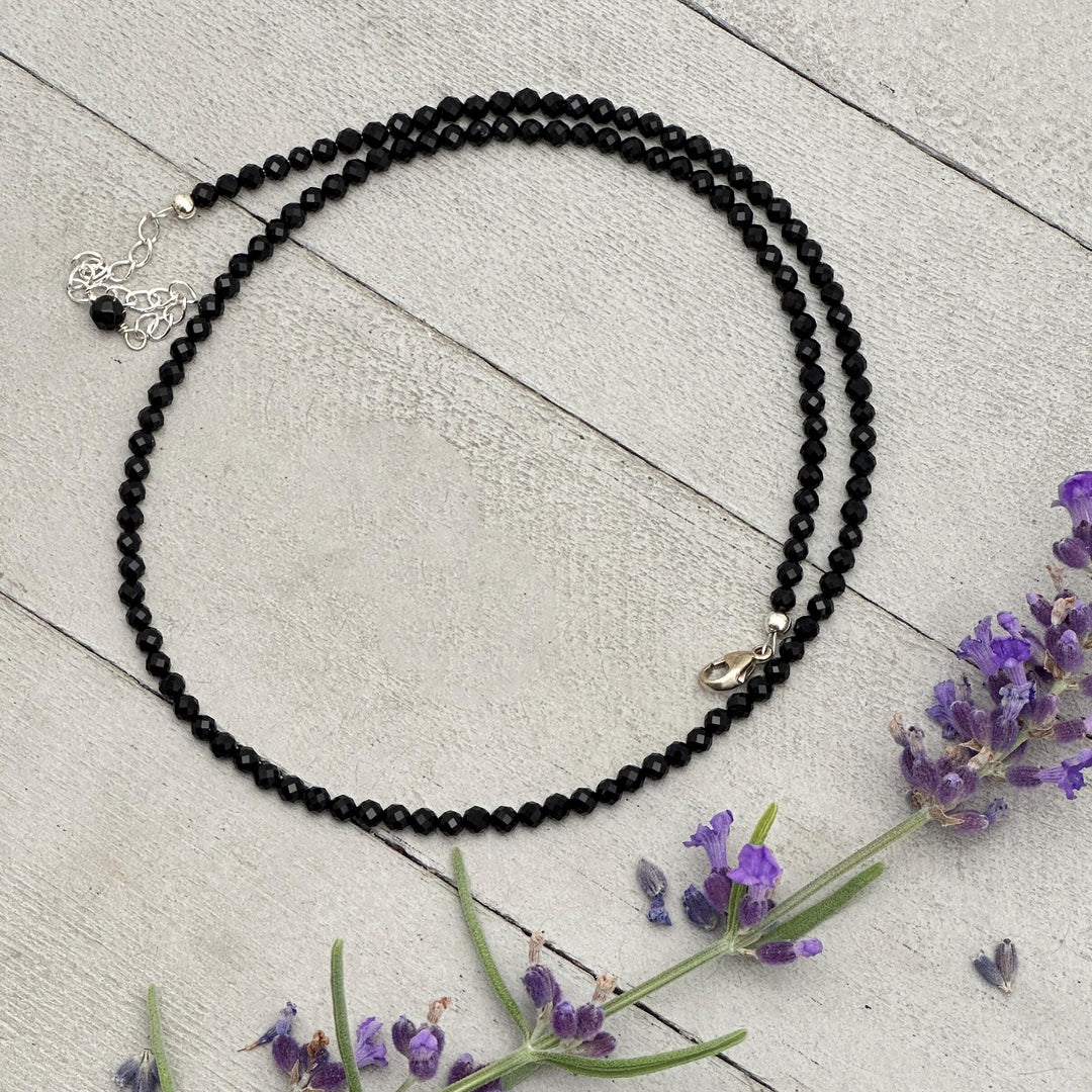 Black Onyx Beaded Necklace – 3mm Faceted Gemstone with Sterling Silver Clasp - SunlightSilver