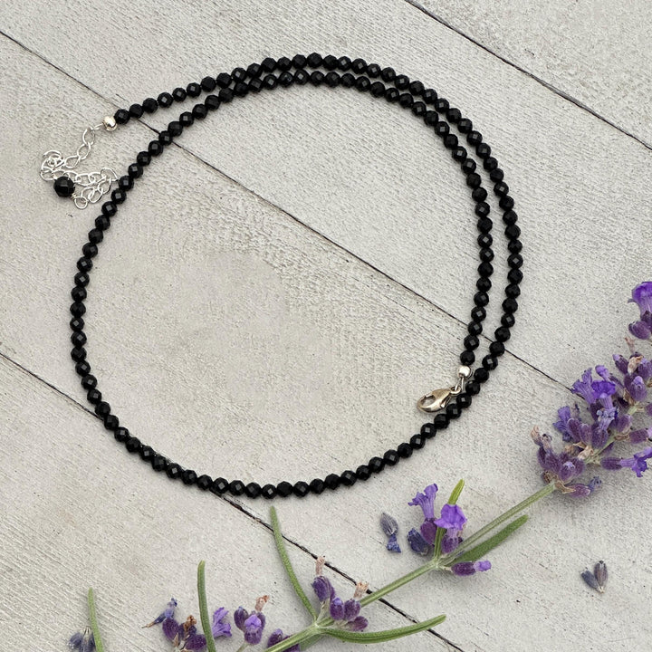 Black Onyx Beaded Necklace – 3mm Faceted Gemstone with Sterling Silver Clasp - SunlightSilver