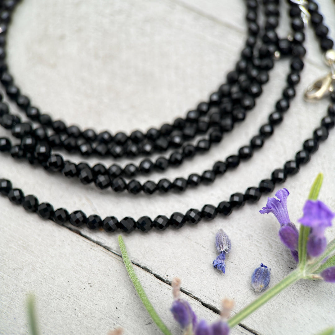Black Onyx Beaded Necklace – 3mm Faceted Gemstone with Sterling Silver Clasp - SunlightSilver