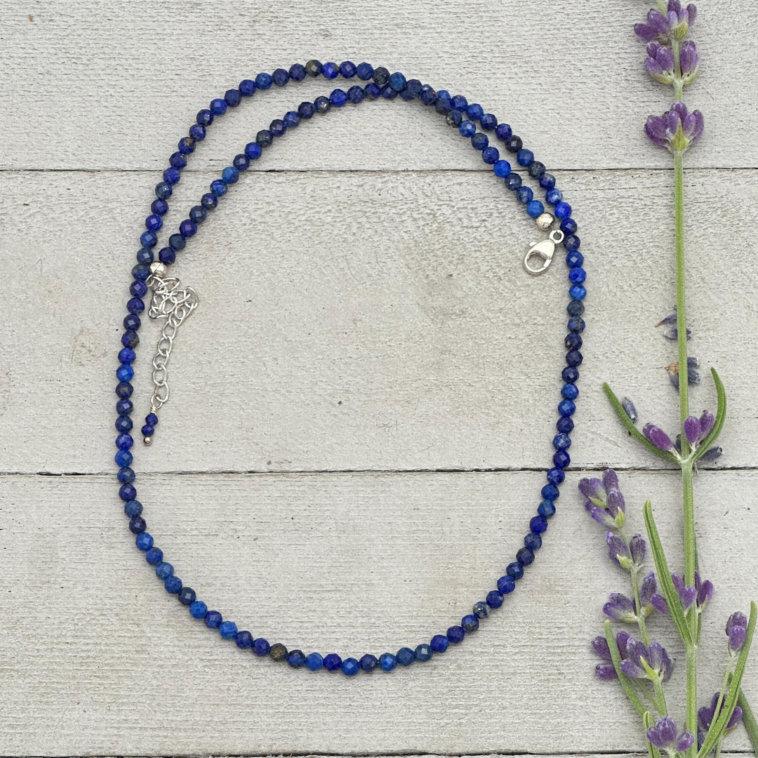 Lapis Lazuli and Solid 925 Sterling Silver Beaded Necklace - SunlightSilver