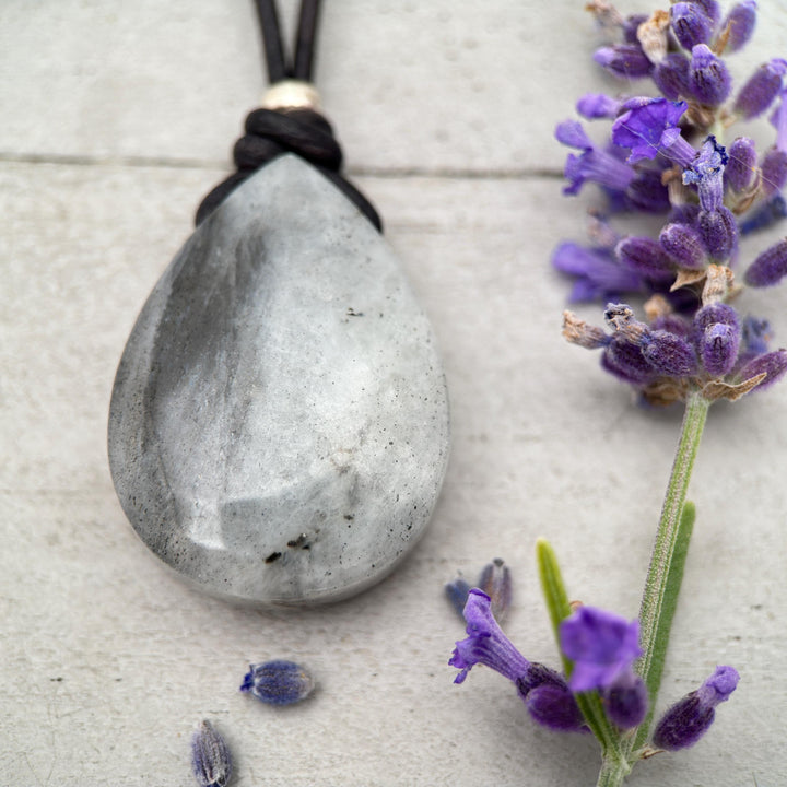 Gray Labradorite Pendant Necklace – Leather Cord Jewelry | Iridescent Gemstone Gift - SunlightSilver