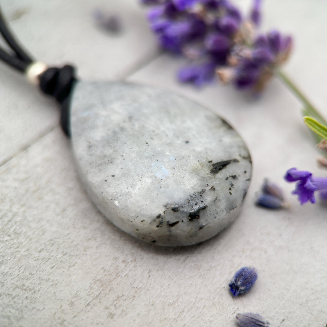 Gray Labradorite Pendant Necklace – Leather Cord Jewelry | Iridescent Gemstone Gift - SunlightSilver