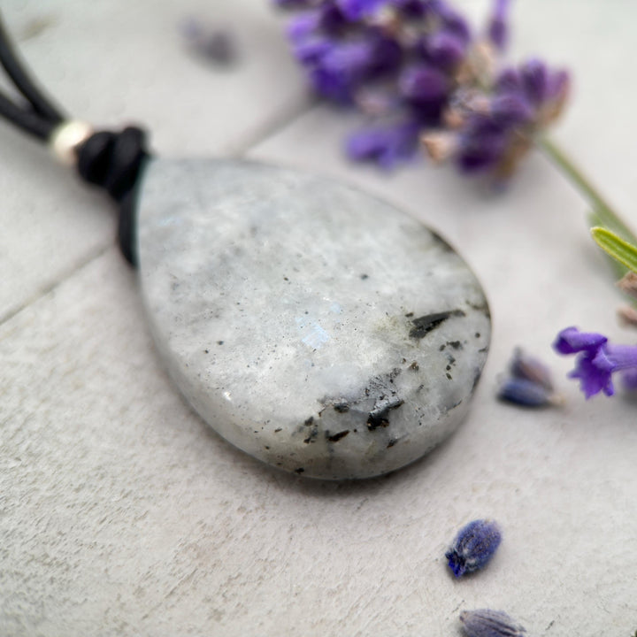 Gray Labradorite Pendant Necklace – Leather Cord Jewelry | Iridescent Gemstone Gift - SunlightSilver