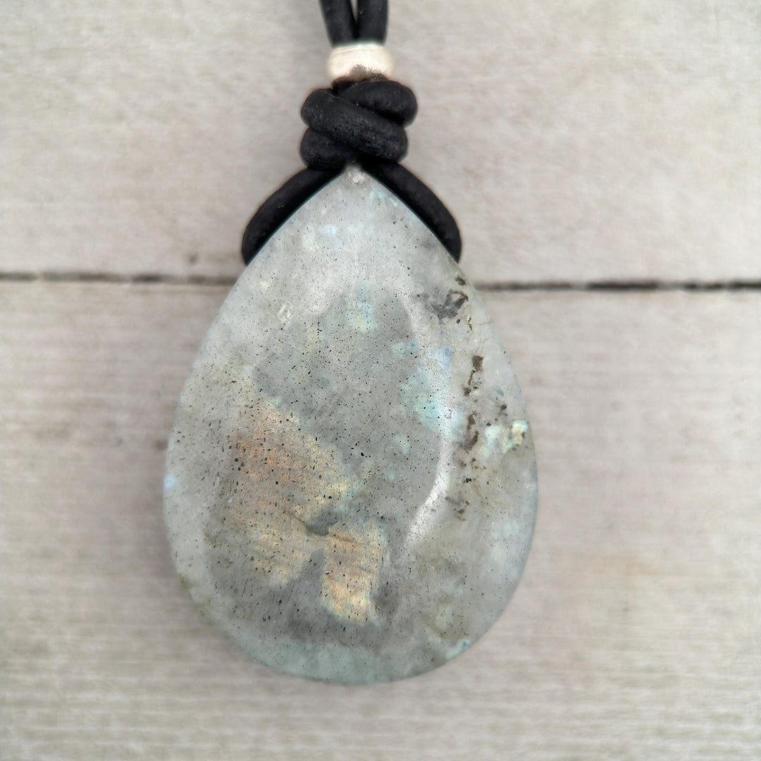 Gray Labradorite Pendant Necklace – Leather Cord Jewelry | Iridescent Gemstone Gift - SunlightSilver