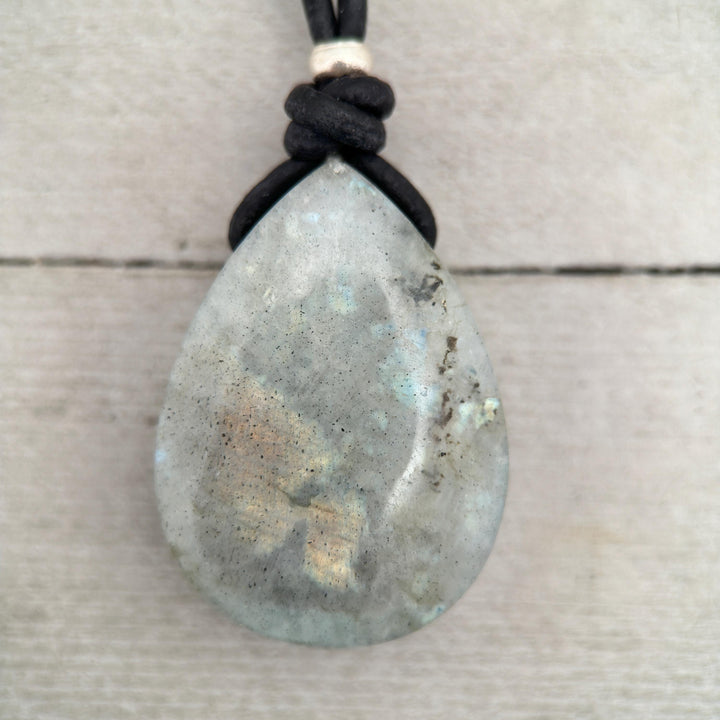 Gray Labradorite Pendant Necklace – Leather Cord Jewelry | Iridescent Gemstone Gift - SunlightSilver