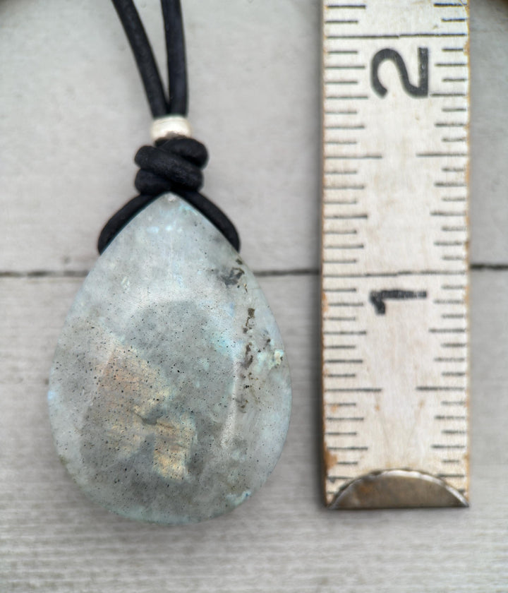 Gray Labradorite Pendant Necklace – Leather Cord Jewelry | Iridescent Gemstone Gift - SunlightSilver