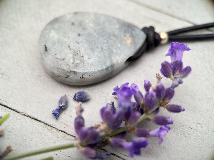 Gray Labradorite Pendant Necklace – Leather Cord Jewelry | Iridescent Gemstone Gift - SunlightSilver