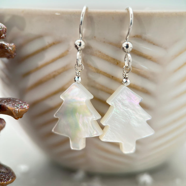 Snowy White Mother of Pearl Christmas Tree Earrings | Festive Holiday Winter Earrings Gift | Sterling Silver or Gold Filled - SunlightSilver