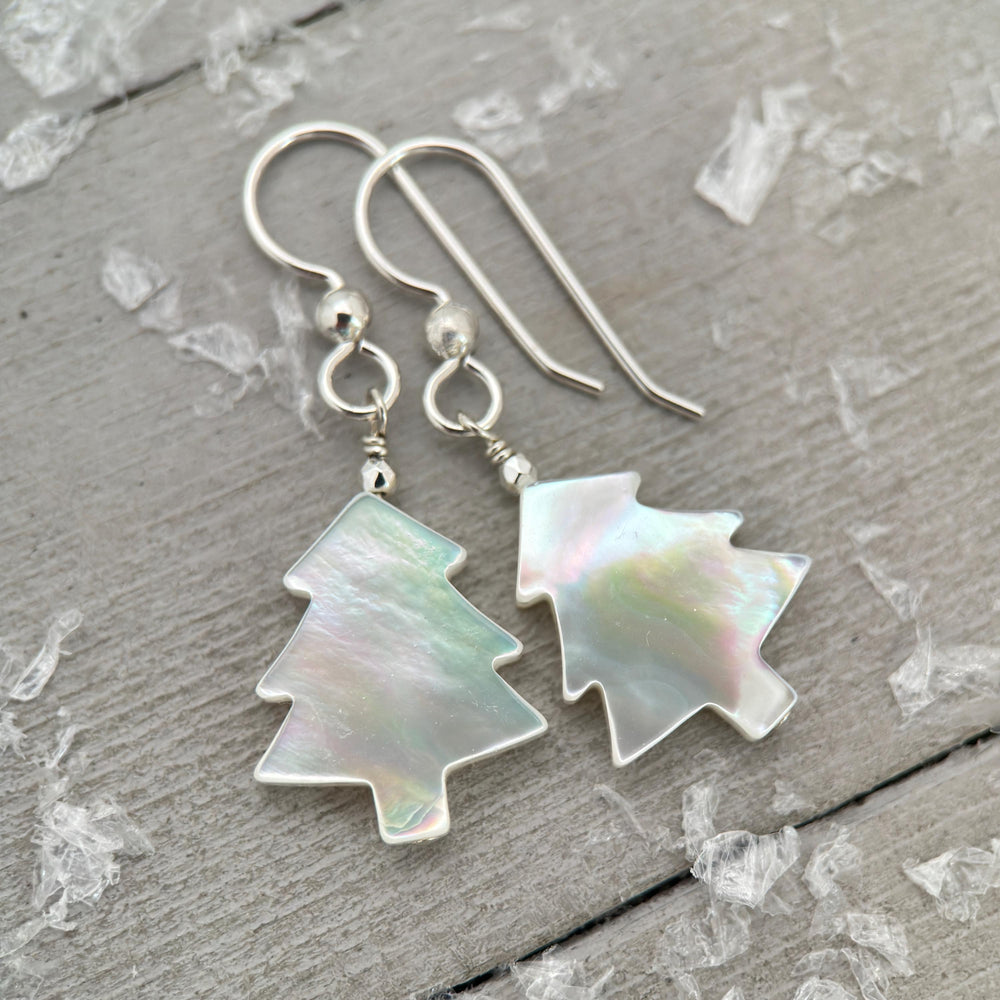 Snowy White Mother of Pearl Christmas Tree Earrings | Festive Holiday Winter Earrings Gift | Sterling Silver or Gold Filled - SunlightSilver