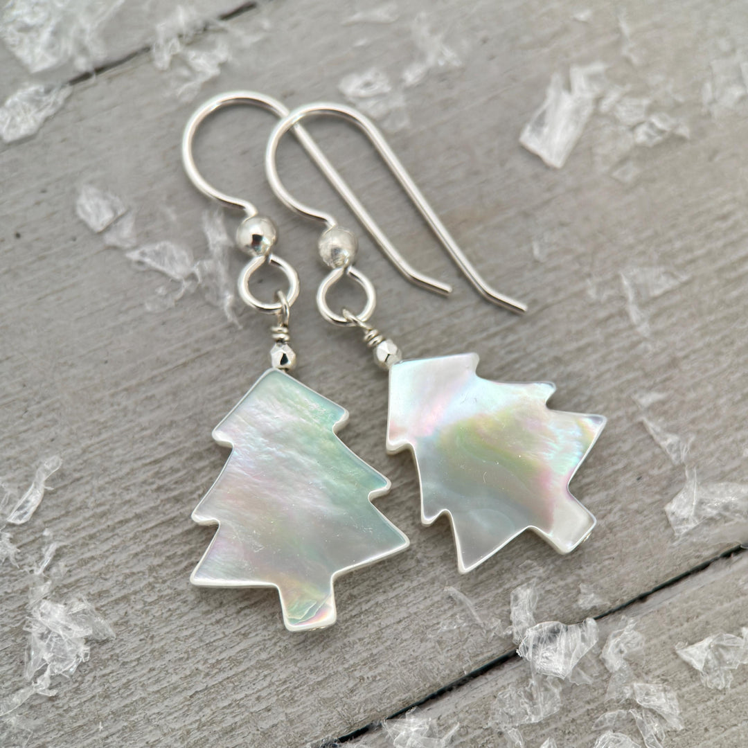 Snowy White Mother of Pearl Christmas Tree Earrings | Festive Holiday Winter Earrings Gift | Sterling Silver or Gold Filled - SunlightSilver