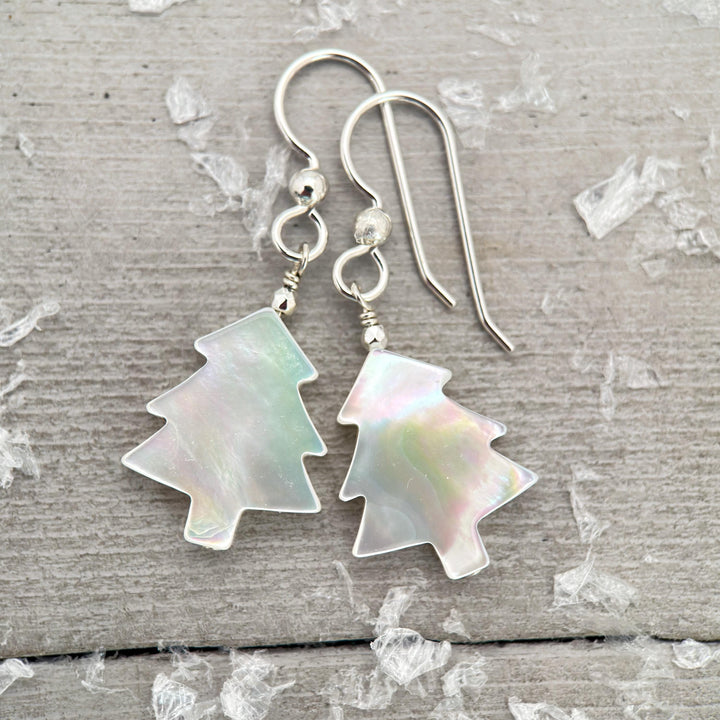 Snowy White Mother of Pearl Christmas Tree Earrings | Festive Holiday Winter Earrings Gift | Sterling Silver or Gold Filled - SunlightSilver