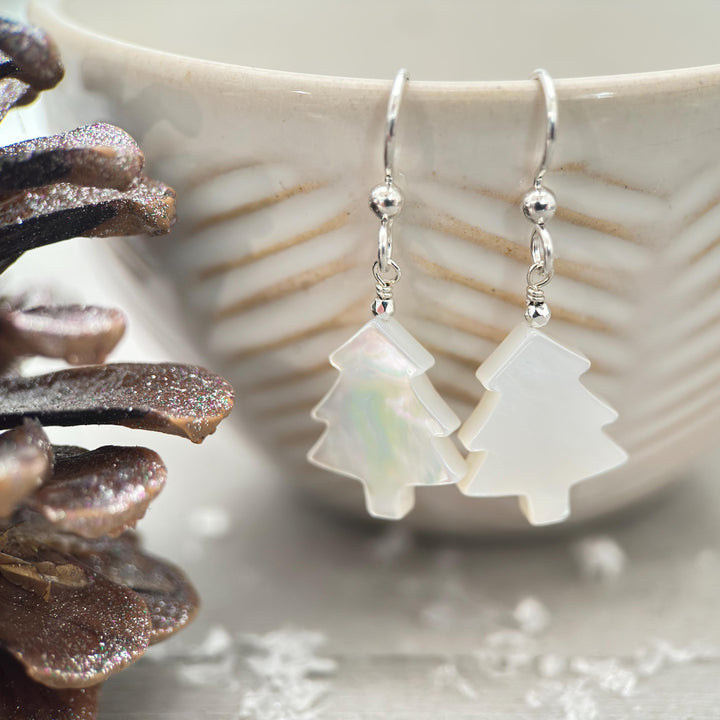 Snowy White Mother of Pearl Christmas Tree Earrings | Festive Holiday Winter Earrings Gift | Sterling Silver or Gold Filled - SunlightSilver