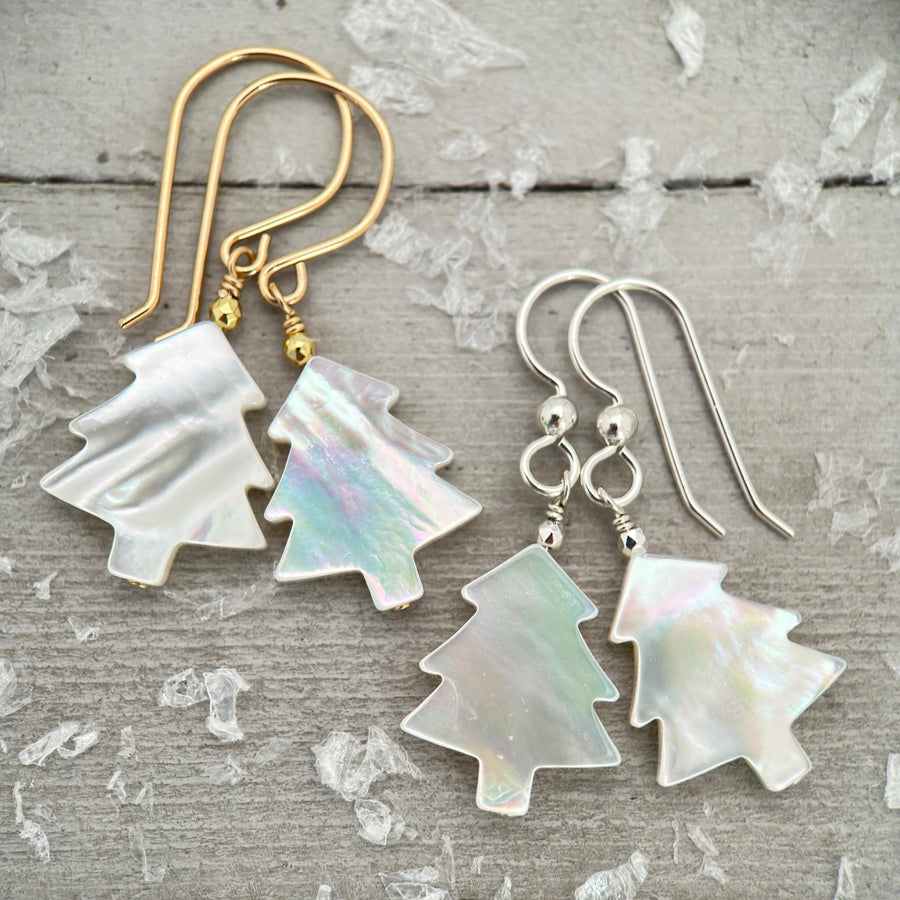 Snowy White Mother of Pearl Christmas Tree Earrings | Festive Holiday Winter Earrings Gift | Sterling Silver or Gold Filled - SunlightSilver