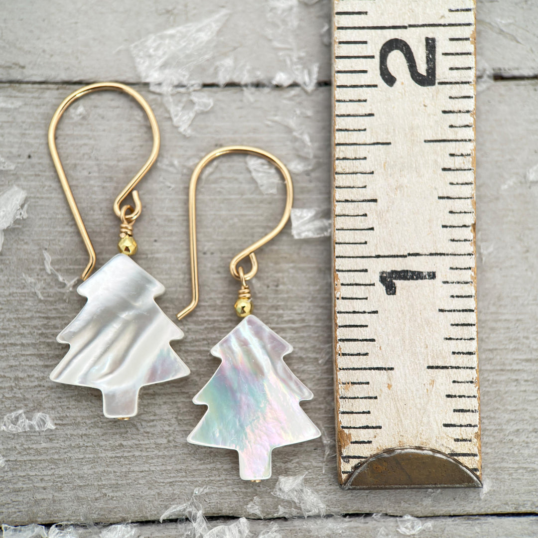 Snowy White Mother of Pearl Christmas Tree Earrings | Festive Holiday Winter Earrings Gift | Sterling Silver or Gold Filled - SunlightSilver
