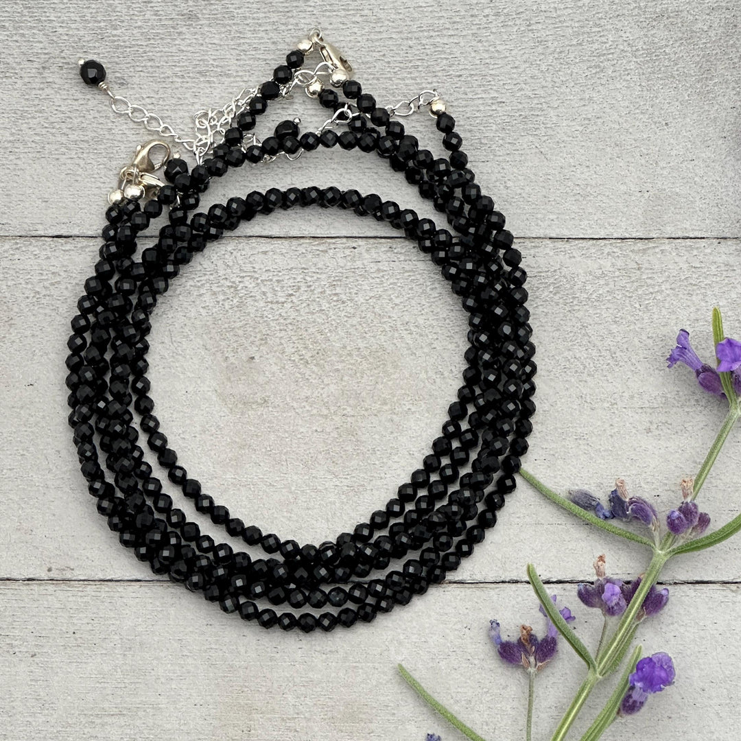 Black Onyx Beaded Necklace – 3mm Faceted Gemstone with Sterling Silver Clasp - SunlightSilver