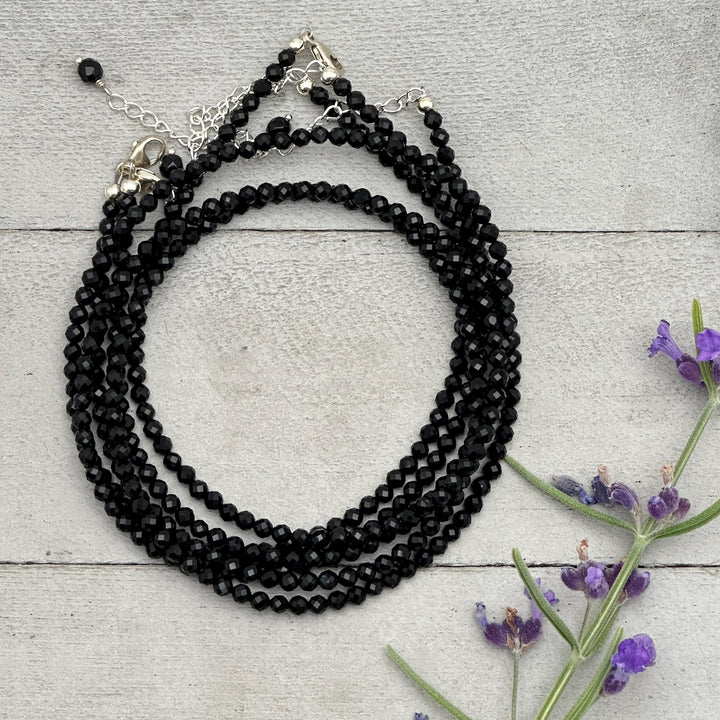 Black Onyx Beaded Necklace – 3mm Faceted Gemstone with Sterling Silver Clasp - SunlightSilver