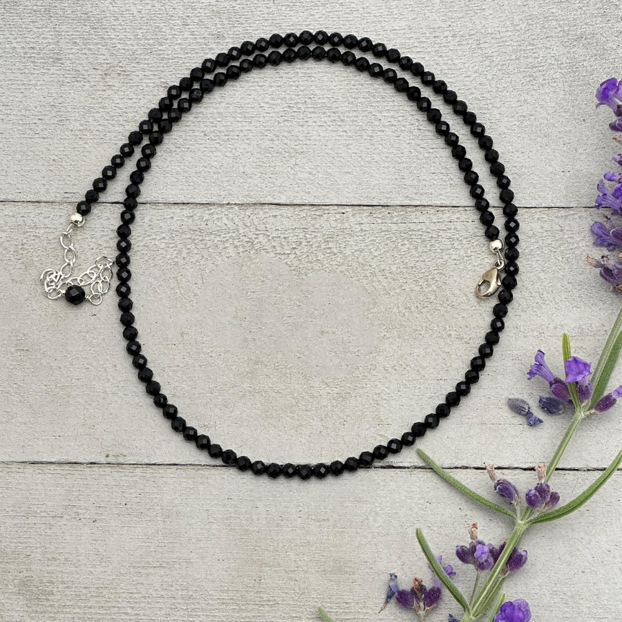 Black Onyx Beaded Necklace – 3mm Faceted Gemstone with Sterling Silver Clasp - SunlightSilver