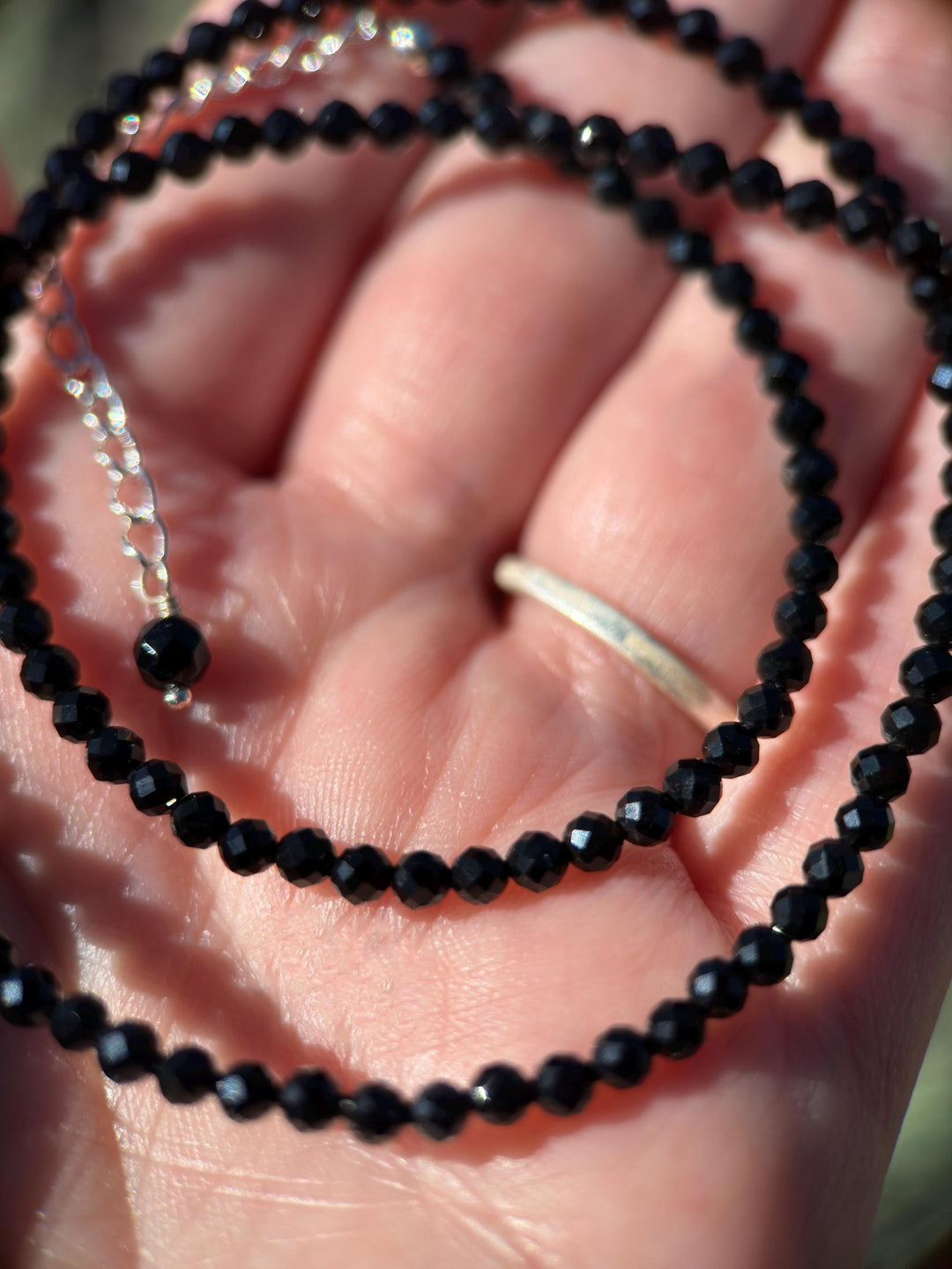 Black Onyx Beaded Necklace – 3mm Faceted Gemstone with Sterling Silver Clasp - SunlightSilver