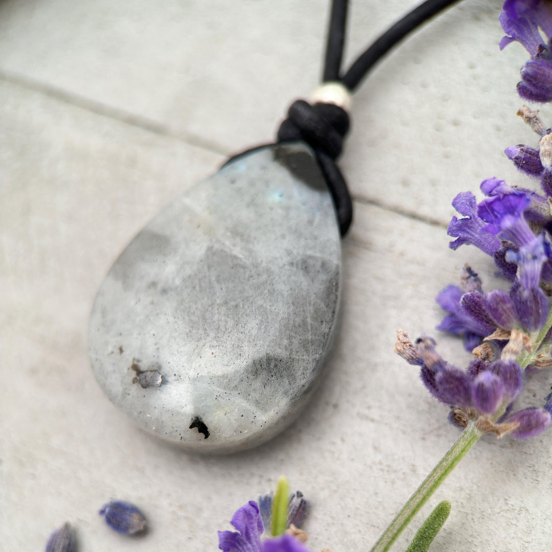 Gray Labradorite Pendant Necklace – Leather Cord Jewelry | Iridescent Gemstone Gift - SunlightSilver