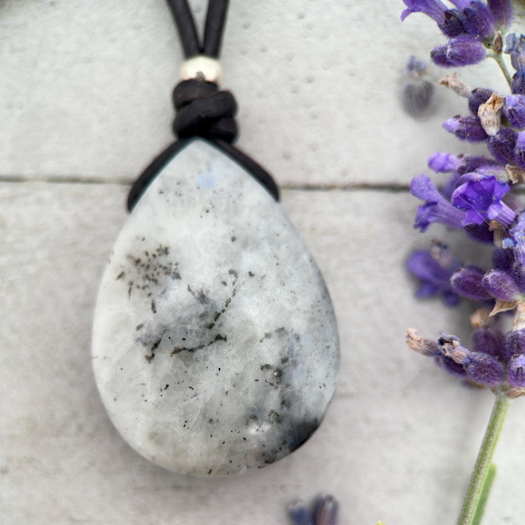 Gray Labradorite Pendant Necklace – Leather Cord Jewelry | Iridescent Gemstone Gift - SunlightSilver