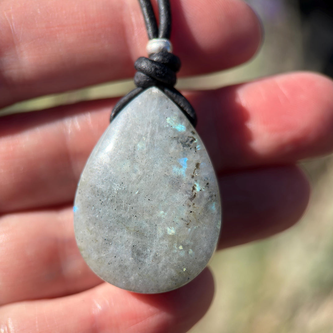 Gray Labradorite Pendant Necklace – Leather Cord Jewelry | Iridescent Gemstone Gift - SunlightSilver