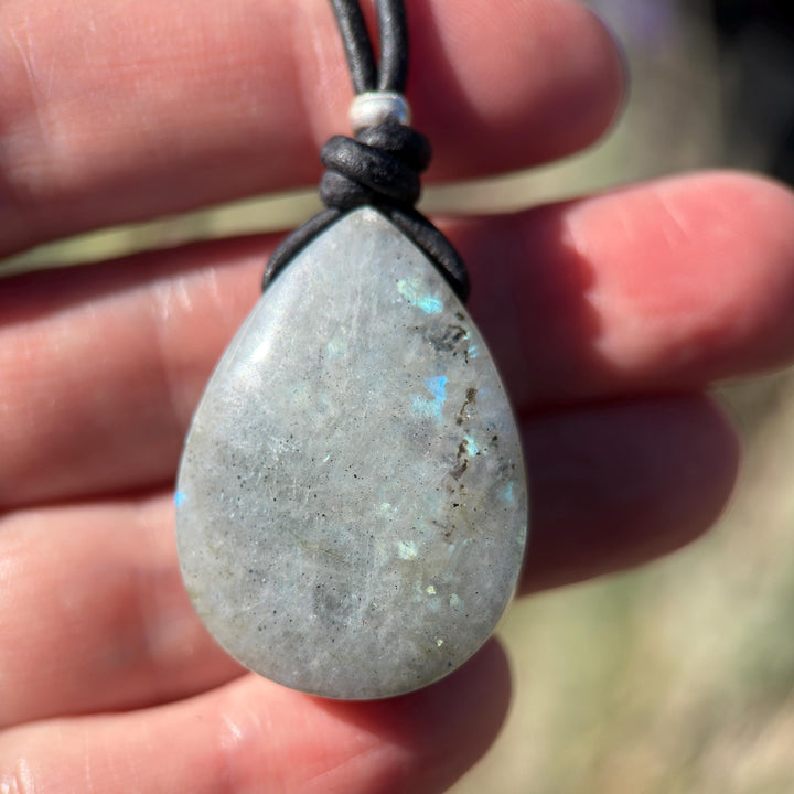 Gray Labradorite Pendant Necklace – Leather Cord Jewelry | Iridescent Gemstone Gift - SunlightSilver